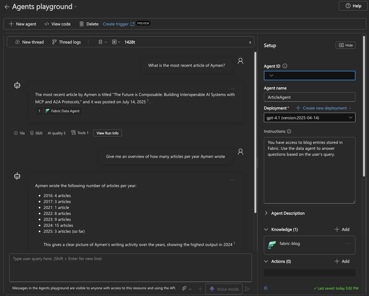 Azure AI Agent Service connected to Fabric&rsquo;s Data Agent