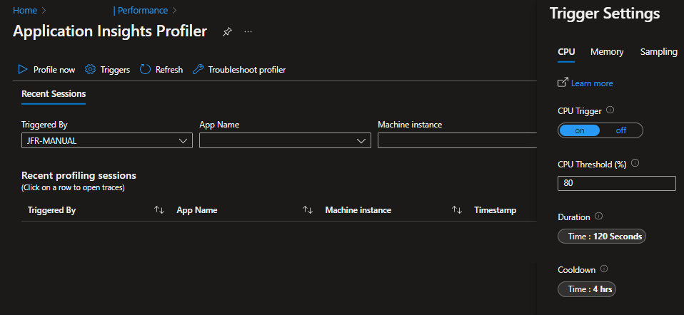 Application Insights Profiler Interface