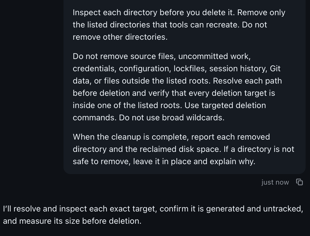 Cleanup prompt instructing the agent to preserve source files and uncommitted work