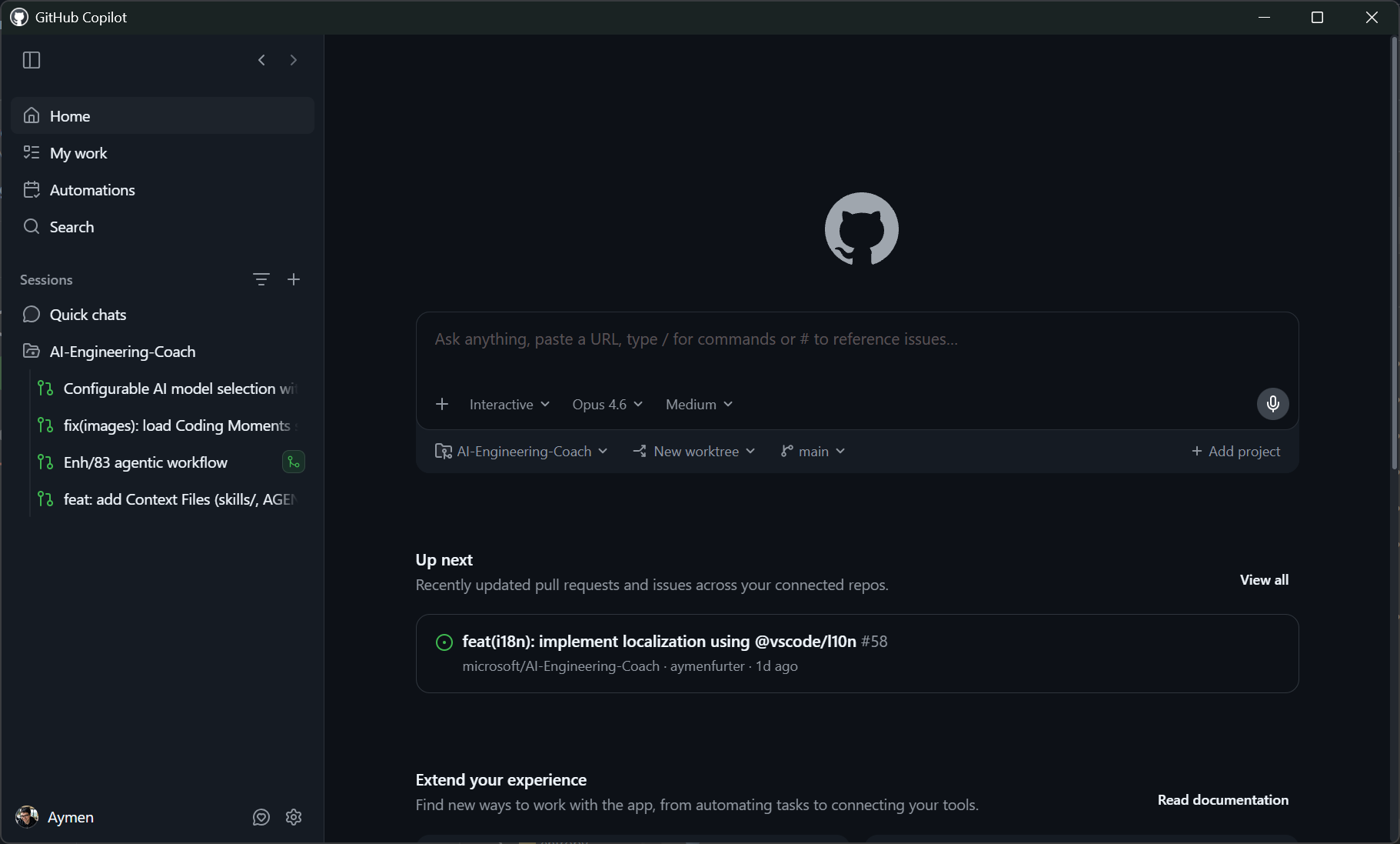 The GitHub Copilot app&rsquo;s main window, with sessions on the left and chat as the primary surface
